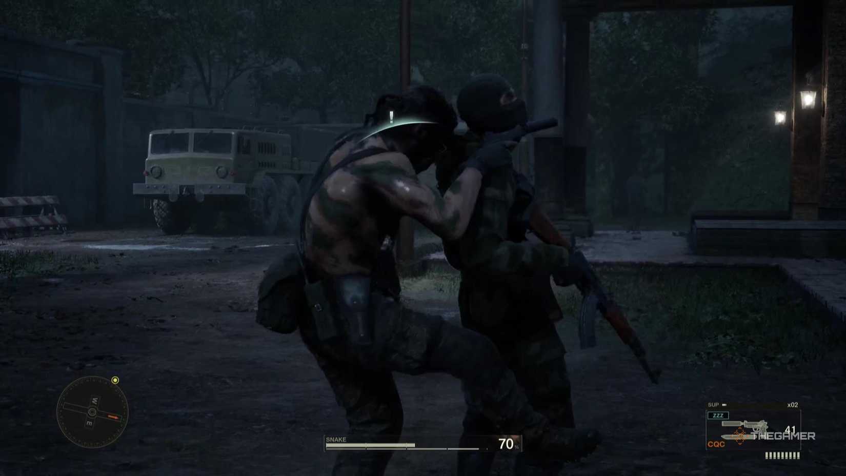 Snake does a non-lethal takedown on an enemy in Metal Gear Solid Delta Snake Eater.
