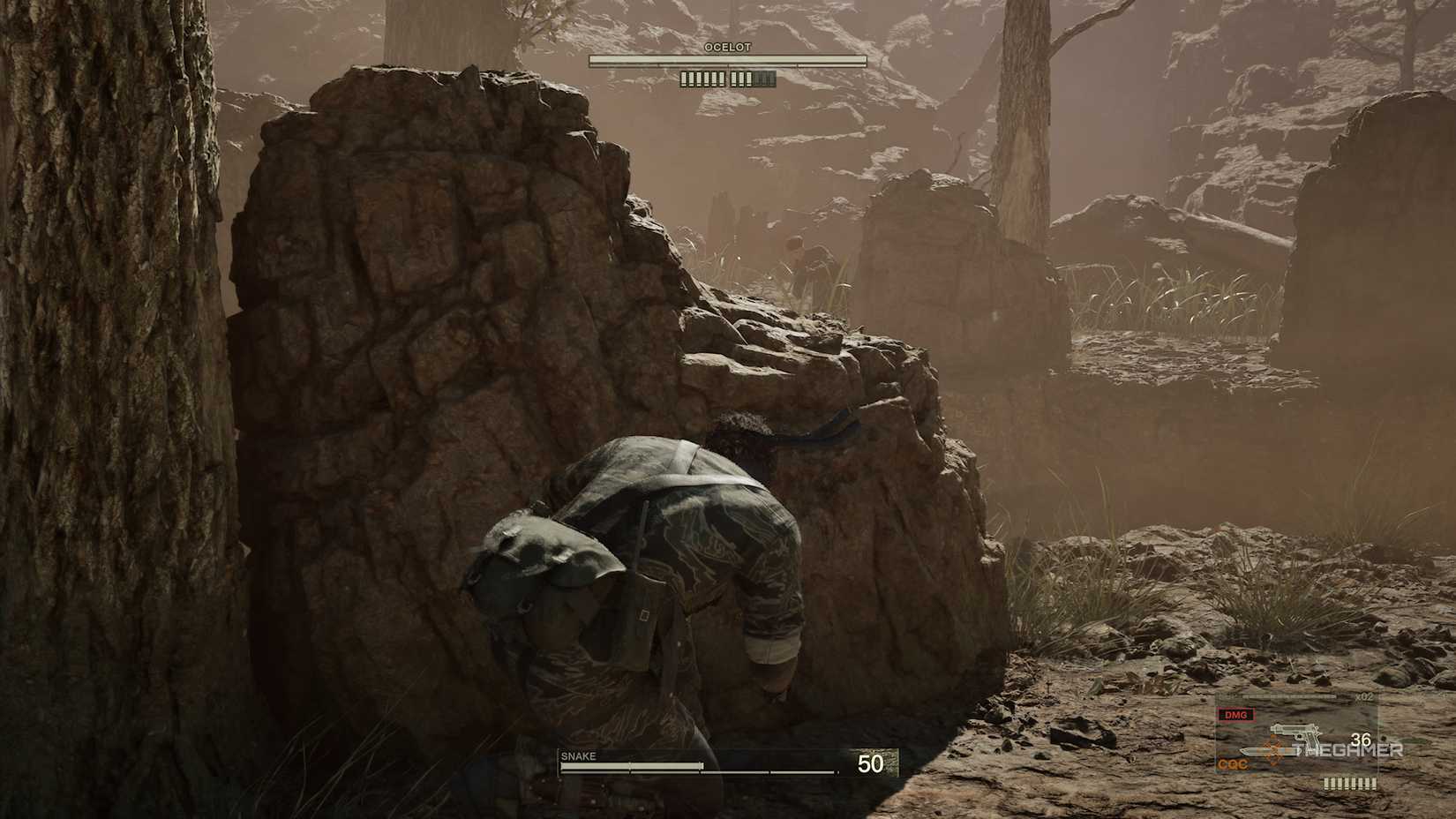 Snake in cover during the Ocelot boss battle in Metal Gear Solid Delta Snake Eater.