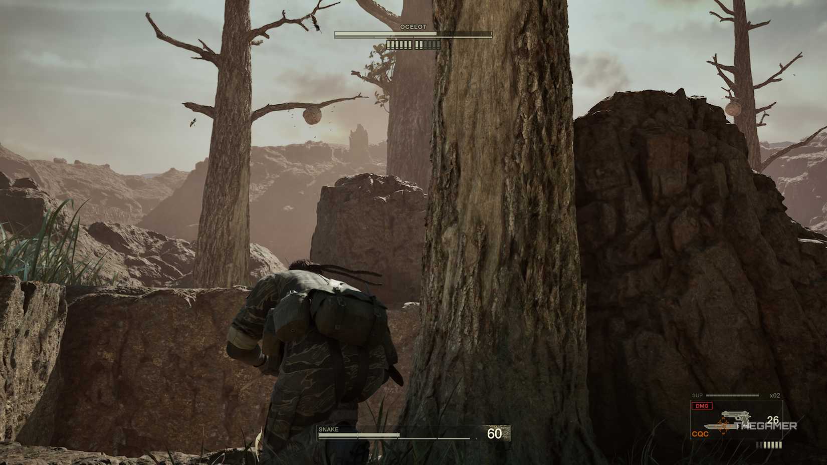 Snake in cover with a hornet's nest above him during the Ocelot boss battle in Metal Gear Solid Delta Snake Eater.