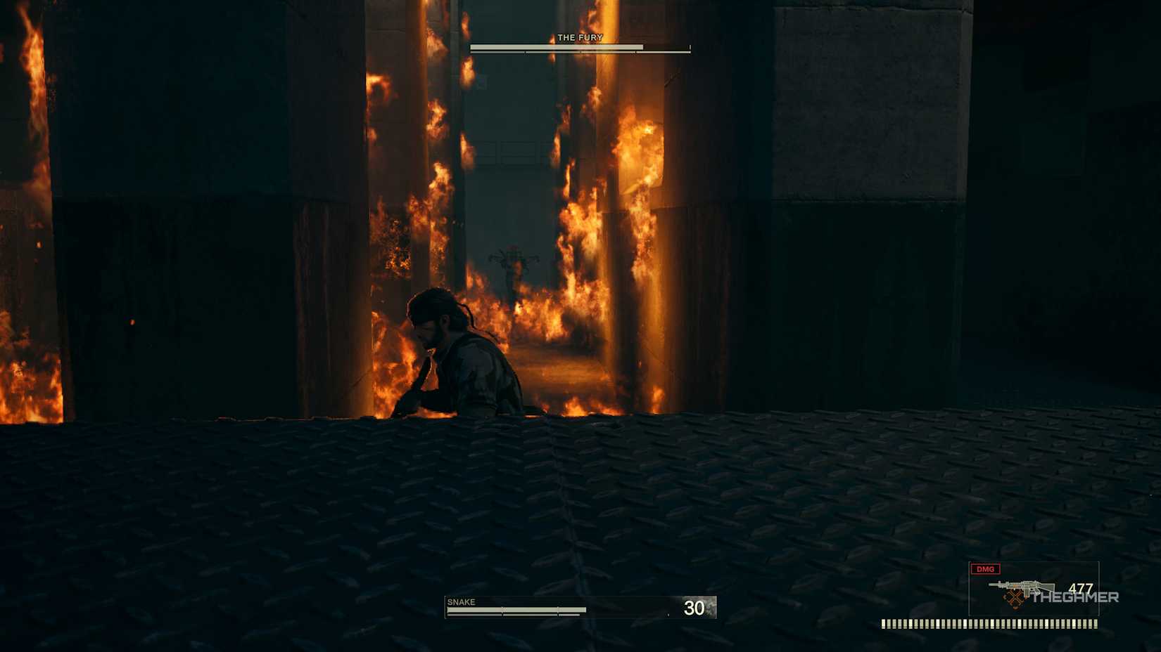 Snake near a hallway of flames in The Fury boss battle in Metal Gear Solid Delta: Snake Eater.