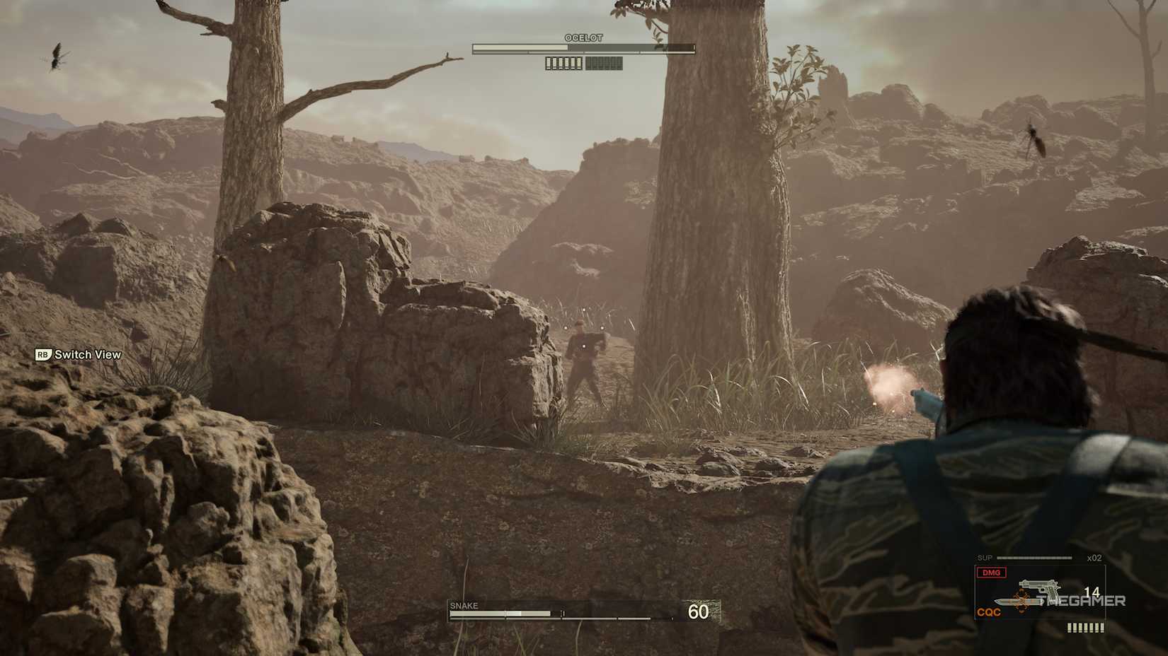 Snake shooting at Ocelot during a boss battle in Metal Gear Solid Delta Snake Eater.