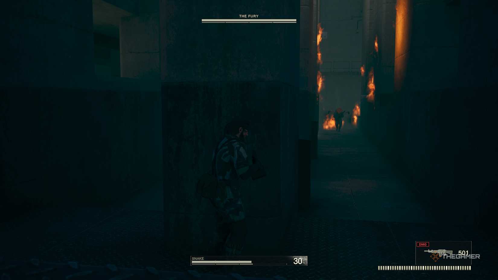 Snake waiting behind a pillar for The Fury, who is walking down the hall in Metal Gear Solid Delta Snake Eater.