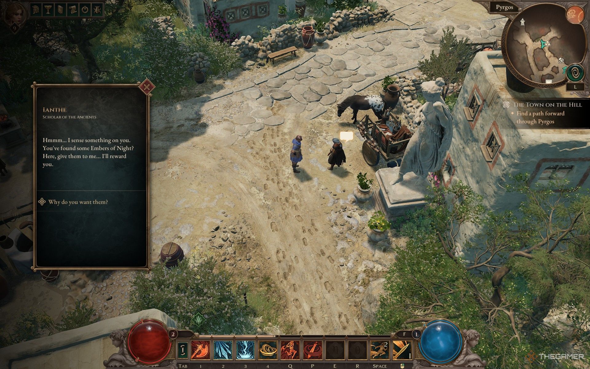 Speaking to Ianthe in Pyrgos about the Ancient Embers quest in Titan Quest 2.