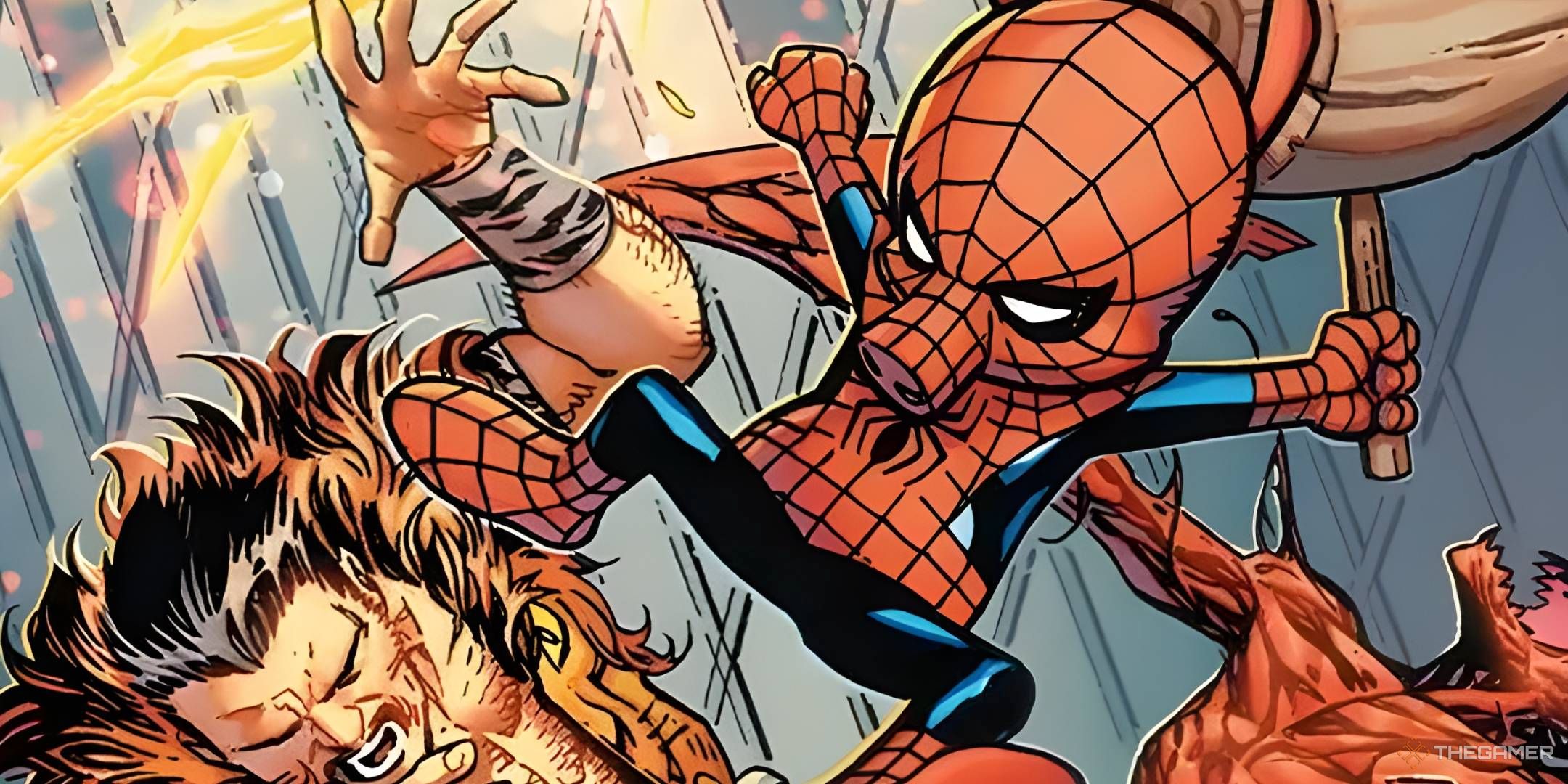 Spider-Ham kicks Kraven, the Hunter while wielding a mallet.