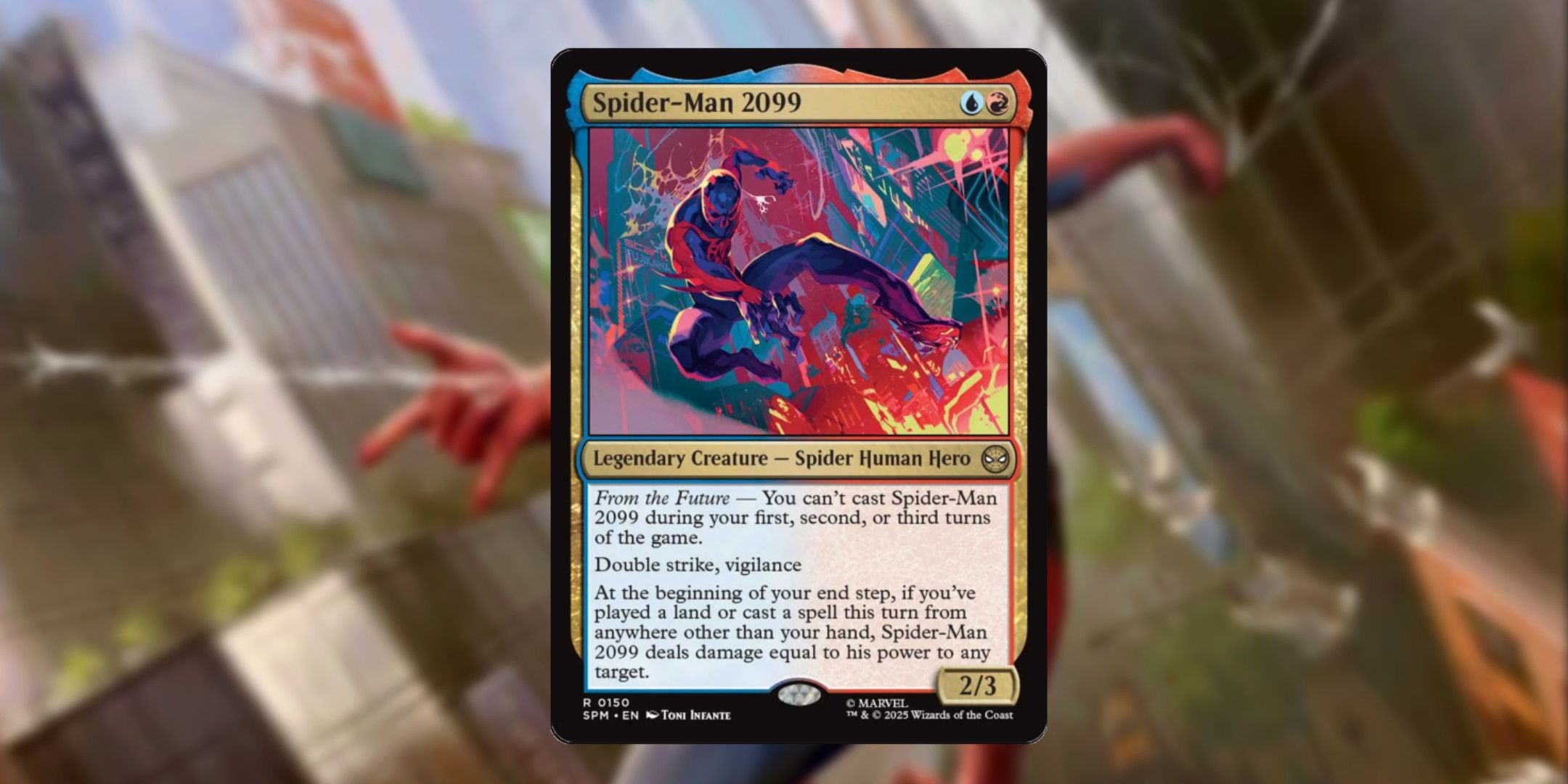 The Spider-Man 2099 card, from Magic: The Gathering's Marvel's Spider-Man set.