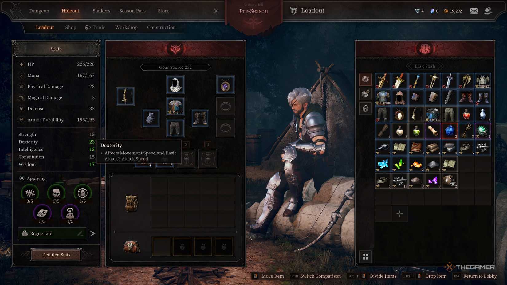 Stat window with dexterity focus for Urud while he is at camp.
