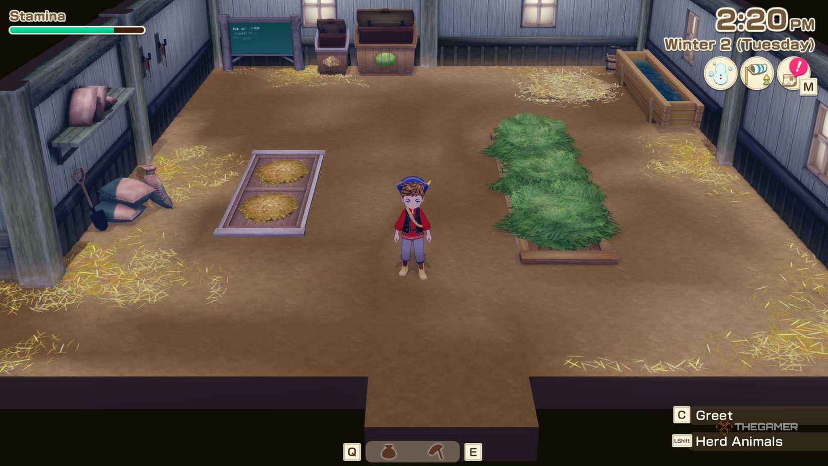 Story Of Seasons Grand Bazaar character standing inside the barn.