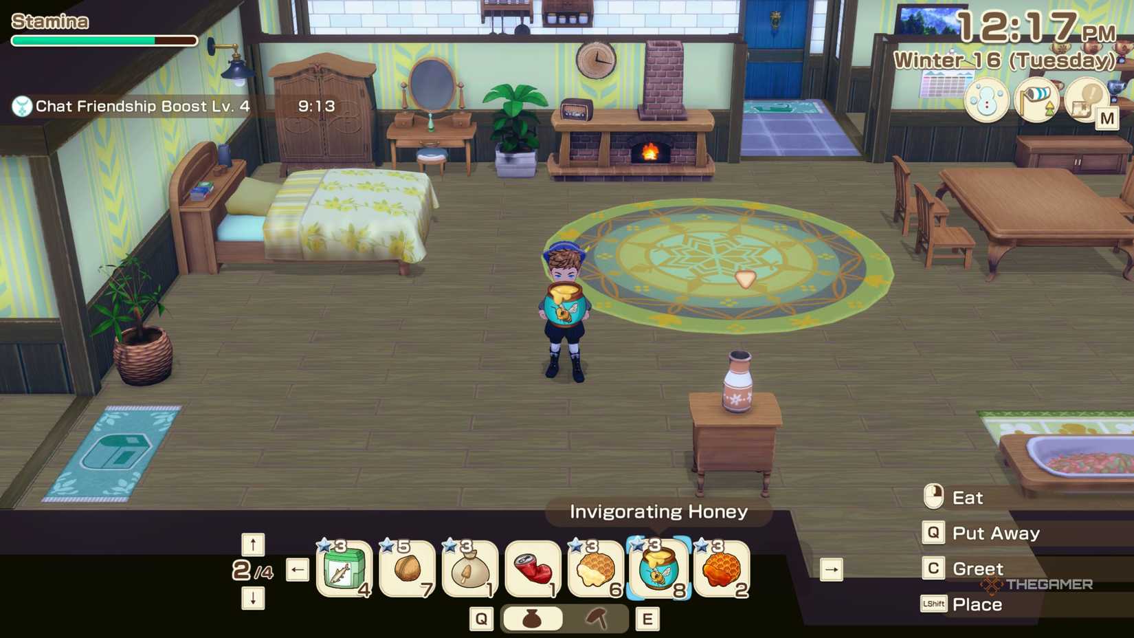 Story Of Seasons Grand Bazaar character standing with honey in hand.