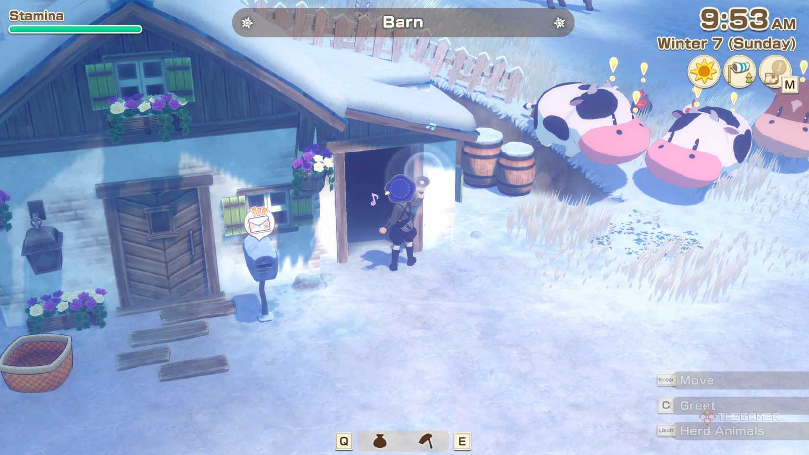 Story Of Seasons Grand Bazaar directing animals into the barn.