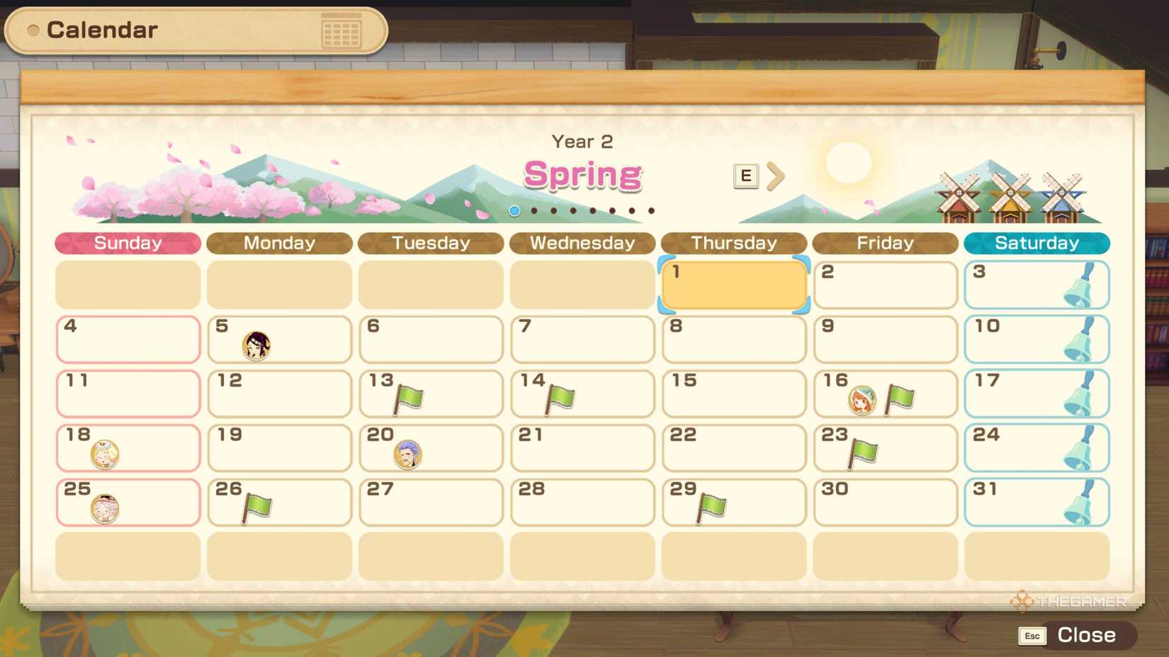Story Of Seasons Grand Bazaar spring calender.