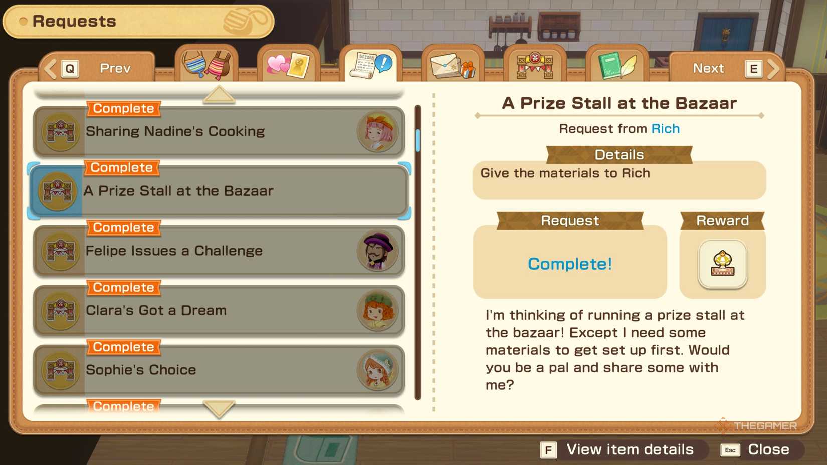 Story Of Seasons Grand Bazaar stall request screen.