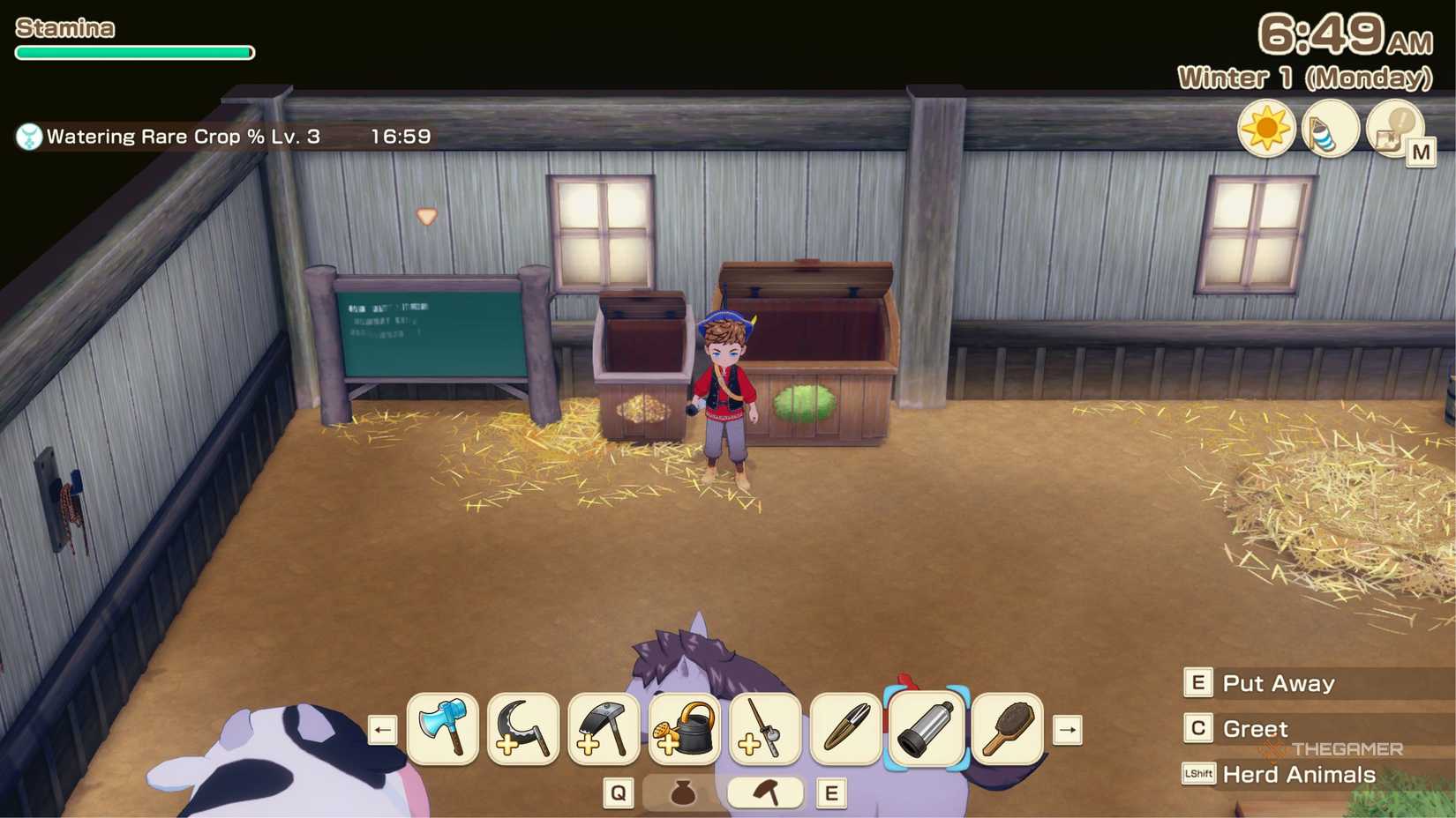 Story Of Seasons Grand Bazaar standing beside fodder bins.