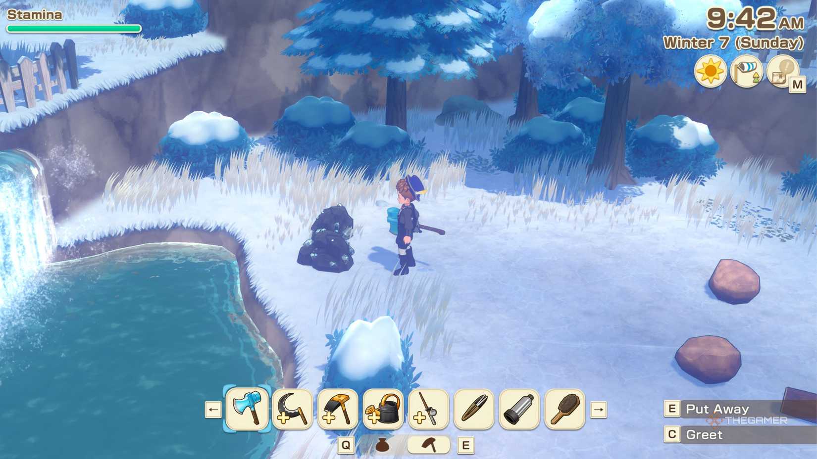 Story Of Seasons Grand Bazaar standing beside silver ore location.