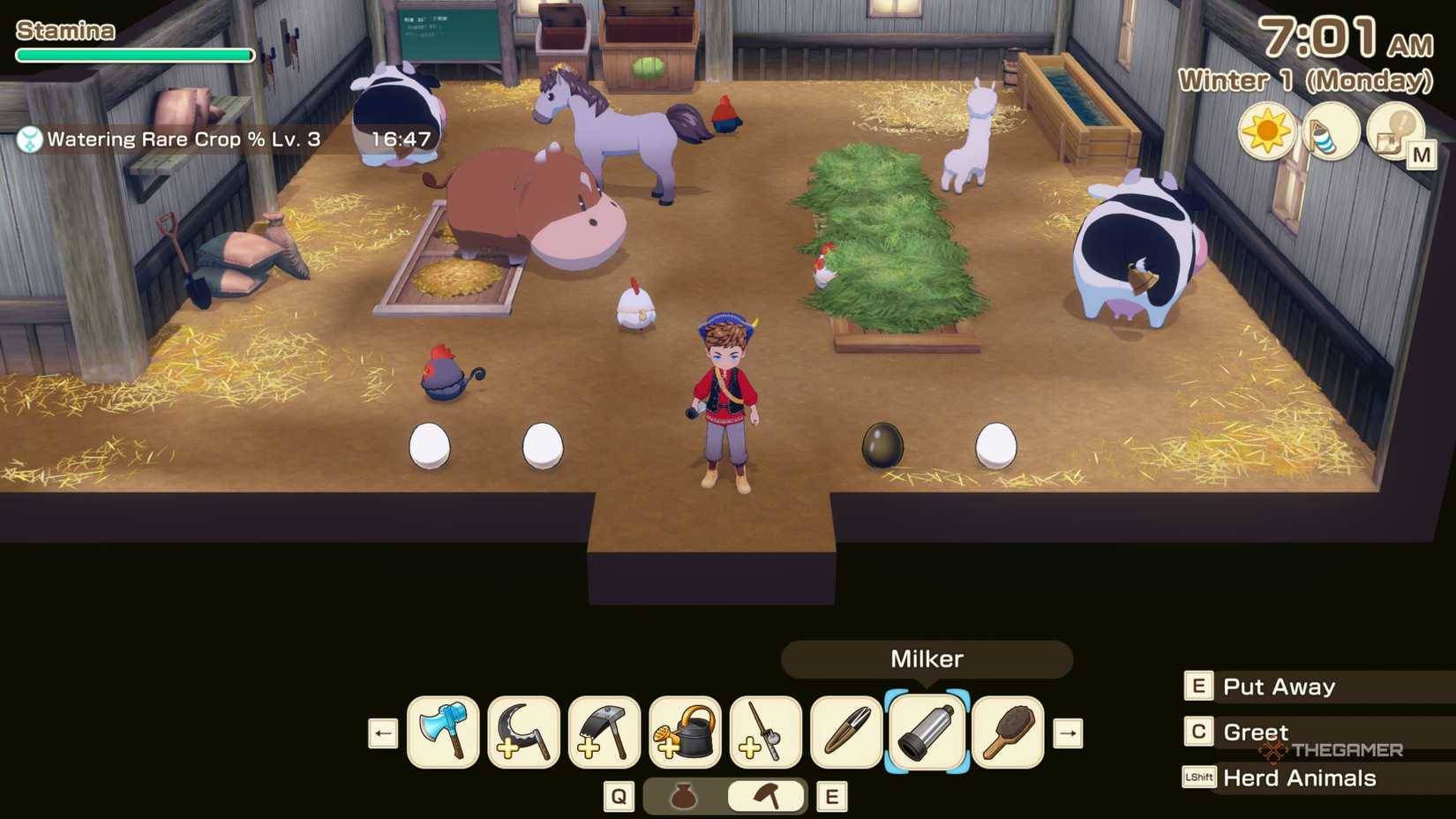 Story Of Seasons Grand Bazaar standing in farm with a bunch of eggs.
