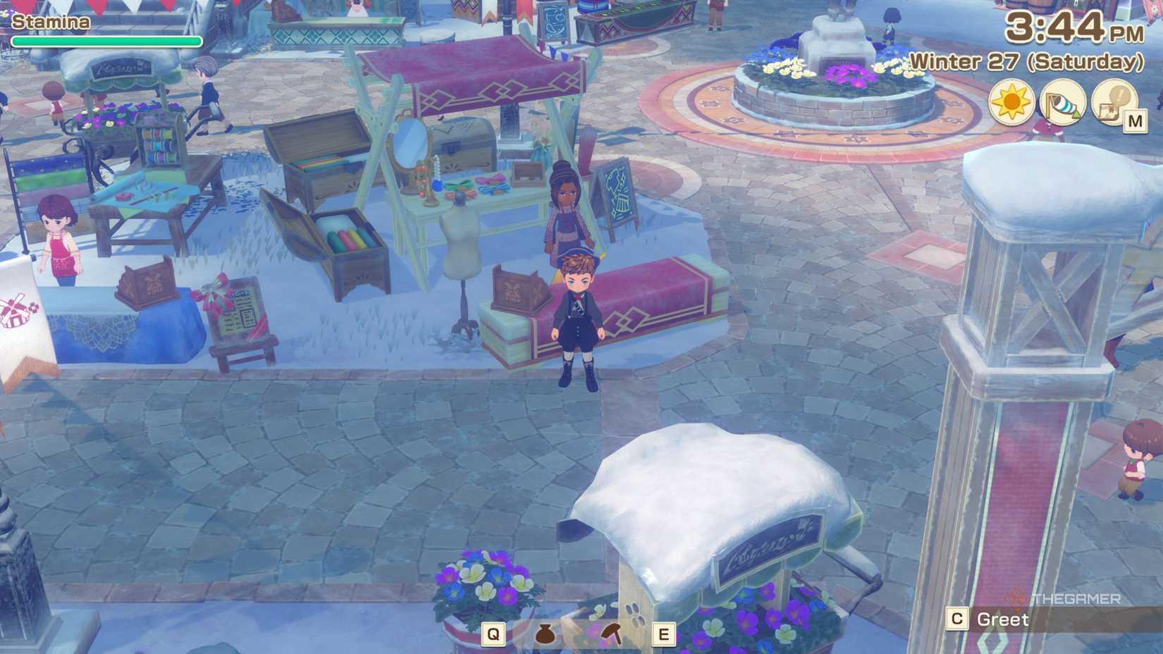 Story Of Seasons Grand Bazaar standing in front of fashion stall.