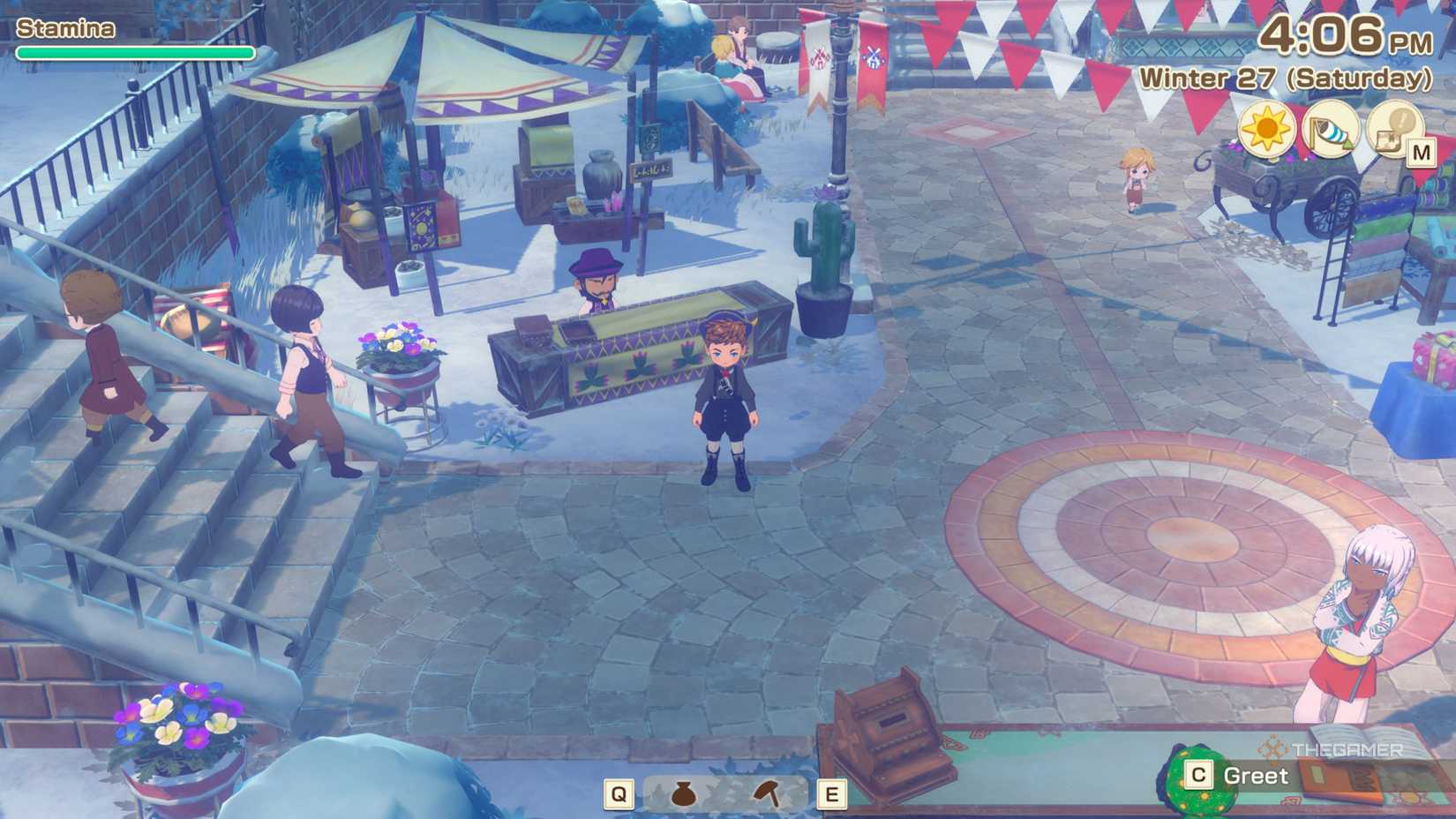 Story Of Seasons Grand Bazaar standing in front of Felipe stall.