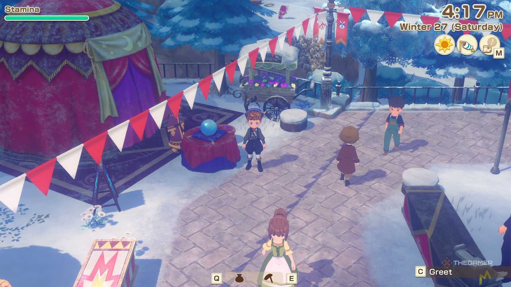 Story Of Seasons Grand Bazaar standing in front of fortune teller stall.