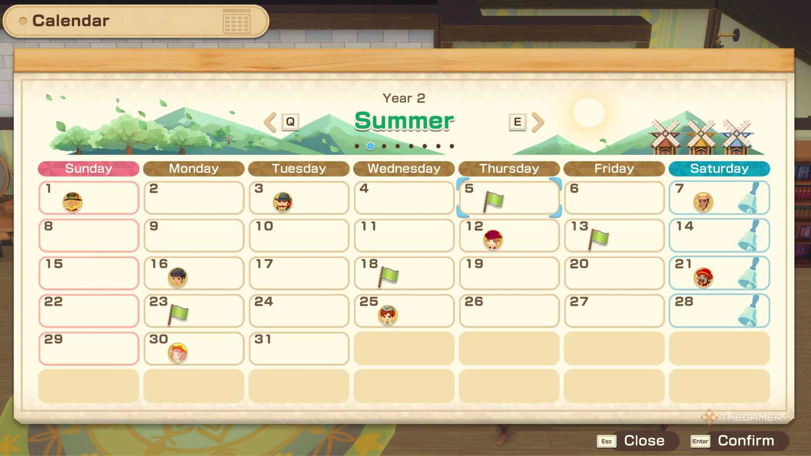 Story Of Seasons Grand Bazaar summer calender.