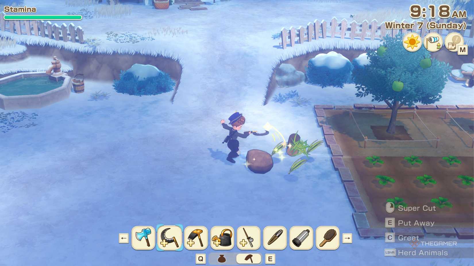 Story Of Seasons Grand Bazaar using super cut on one weed bush.