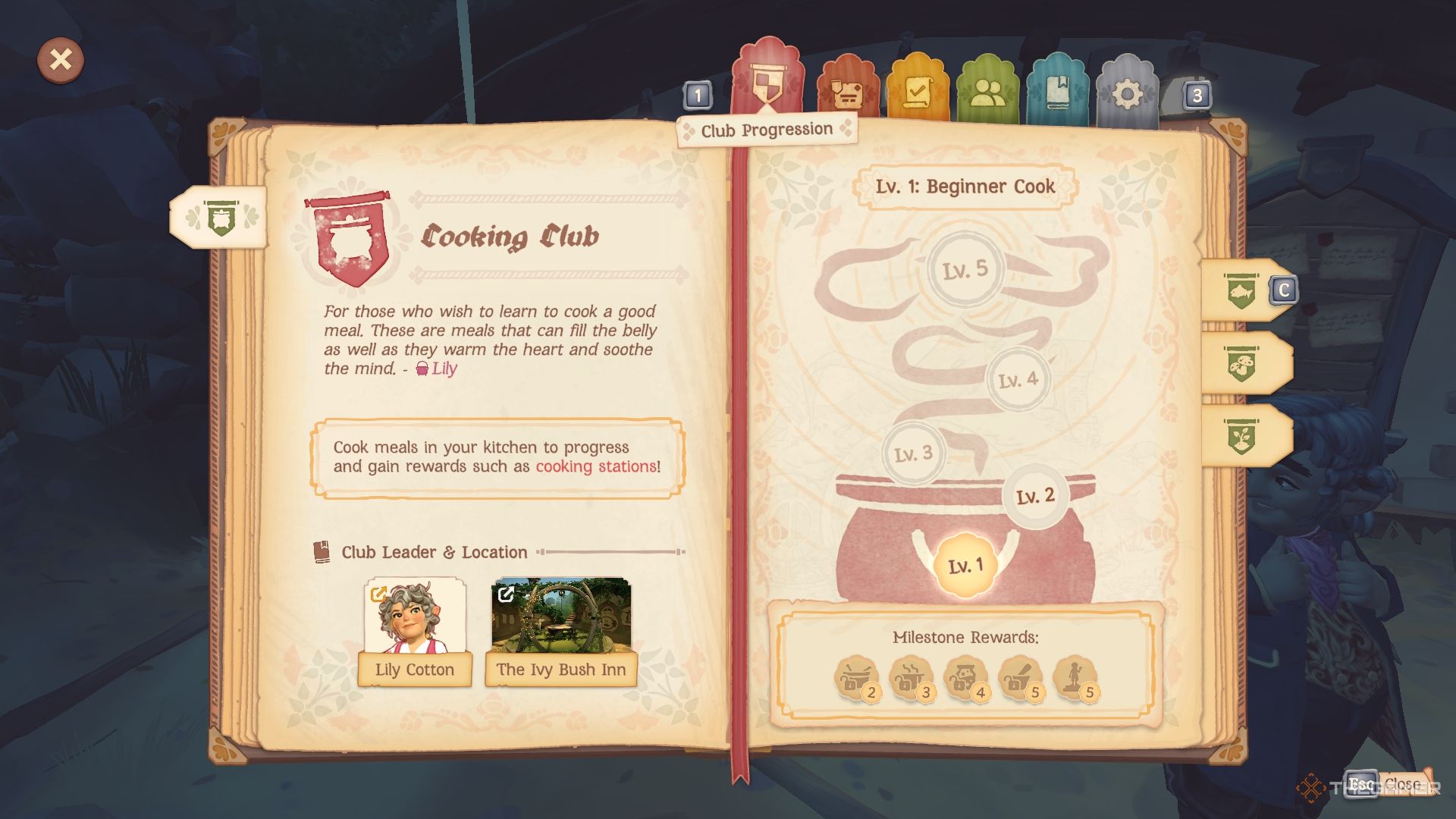 Cooking Club pages in the player journal, with details about rewards and experience.