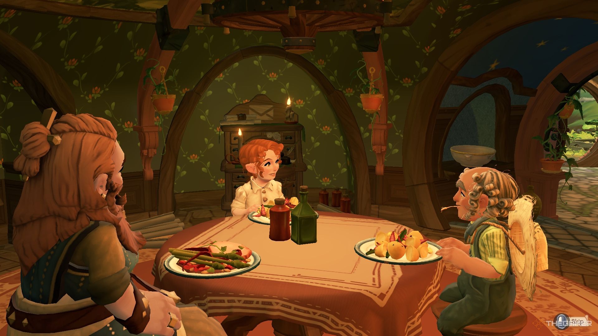 Tales of the Shire Enjoying a meal at a table with two hobbits and a dwarf.