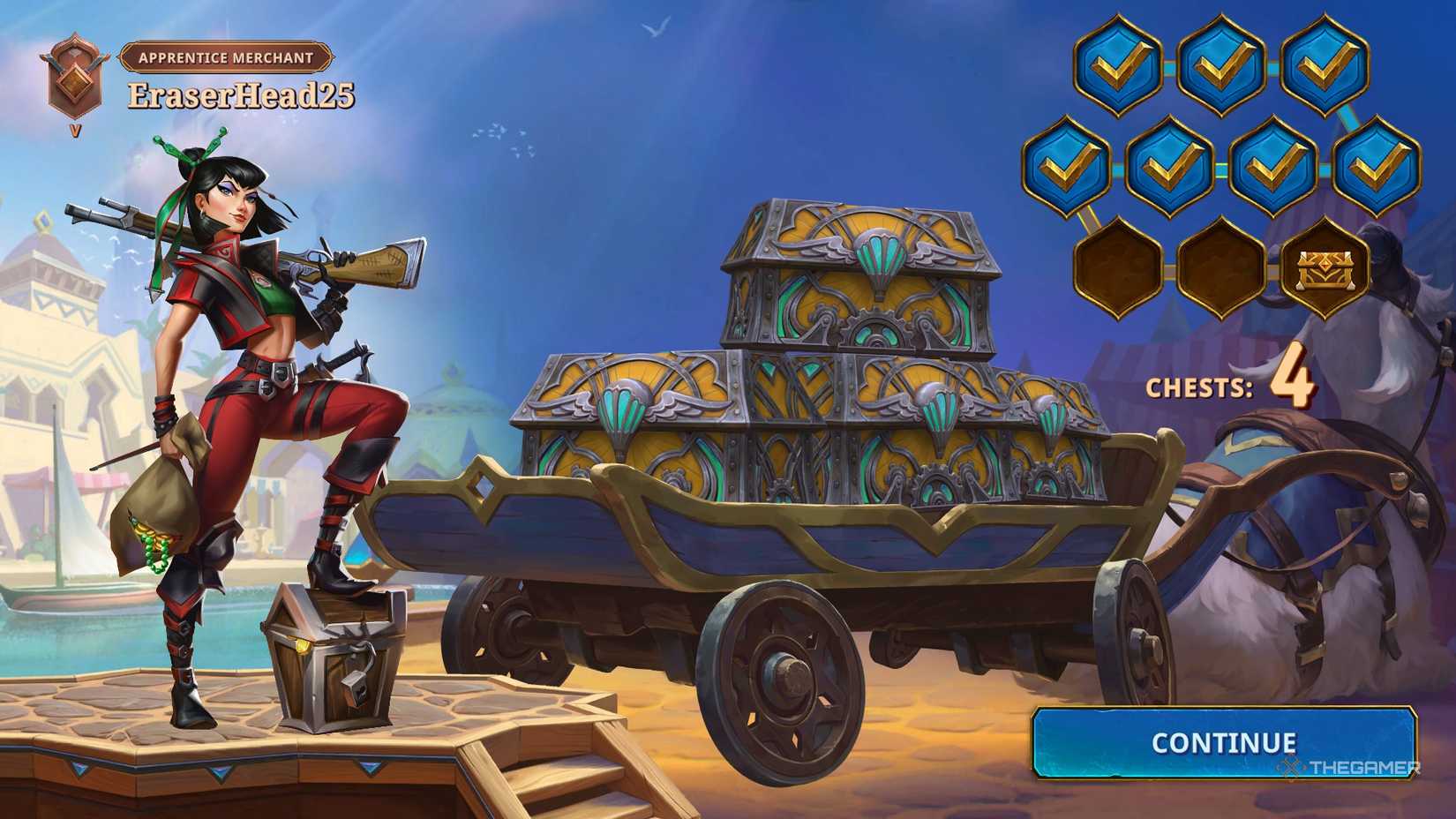 The end results screen showing how many chests were earned in The Bazaar.