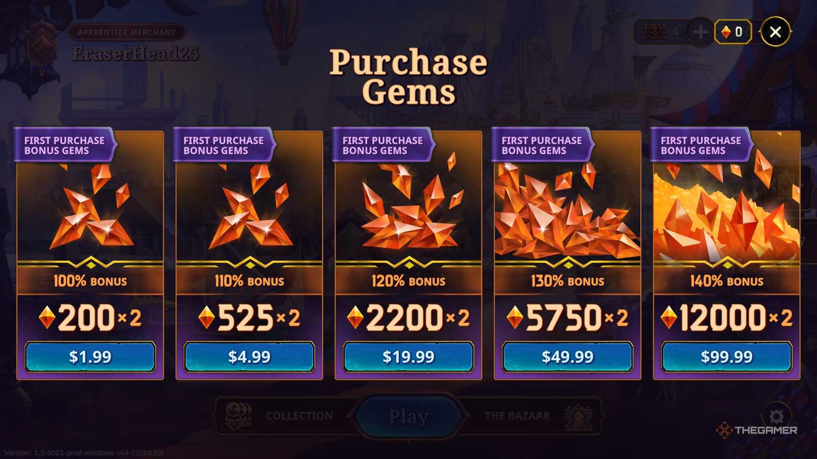 The microtransactions menu with all the Gem bundles in The Bazaar.