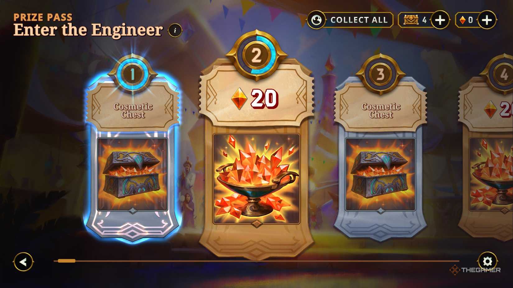 The Prize Pass showing the Tier Prize 2 with 20 Gems in The Bazaar.