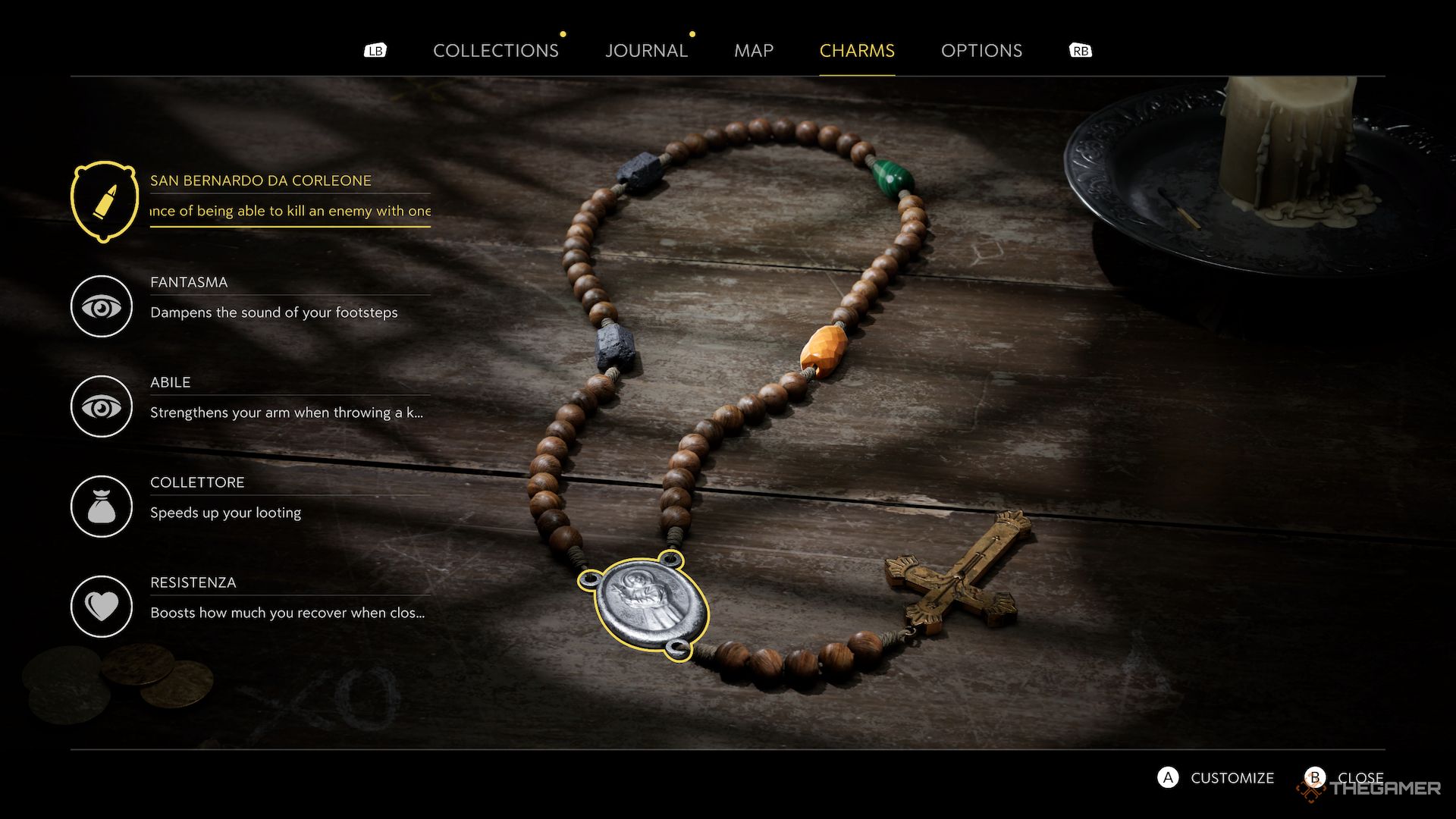 The Charms menu in Mafia The Old Country.