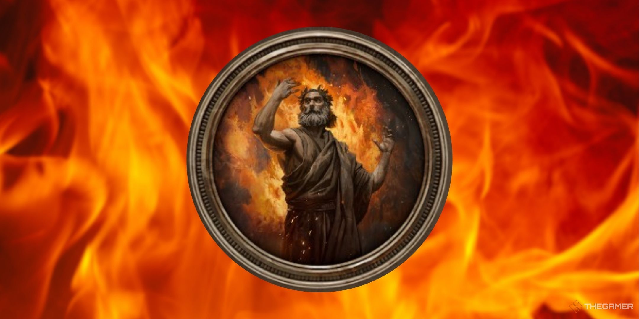 The Earth symbol in front of Flames in Titan Quest 2.