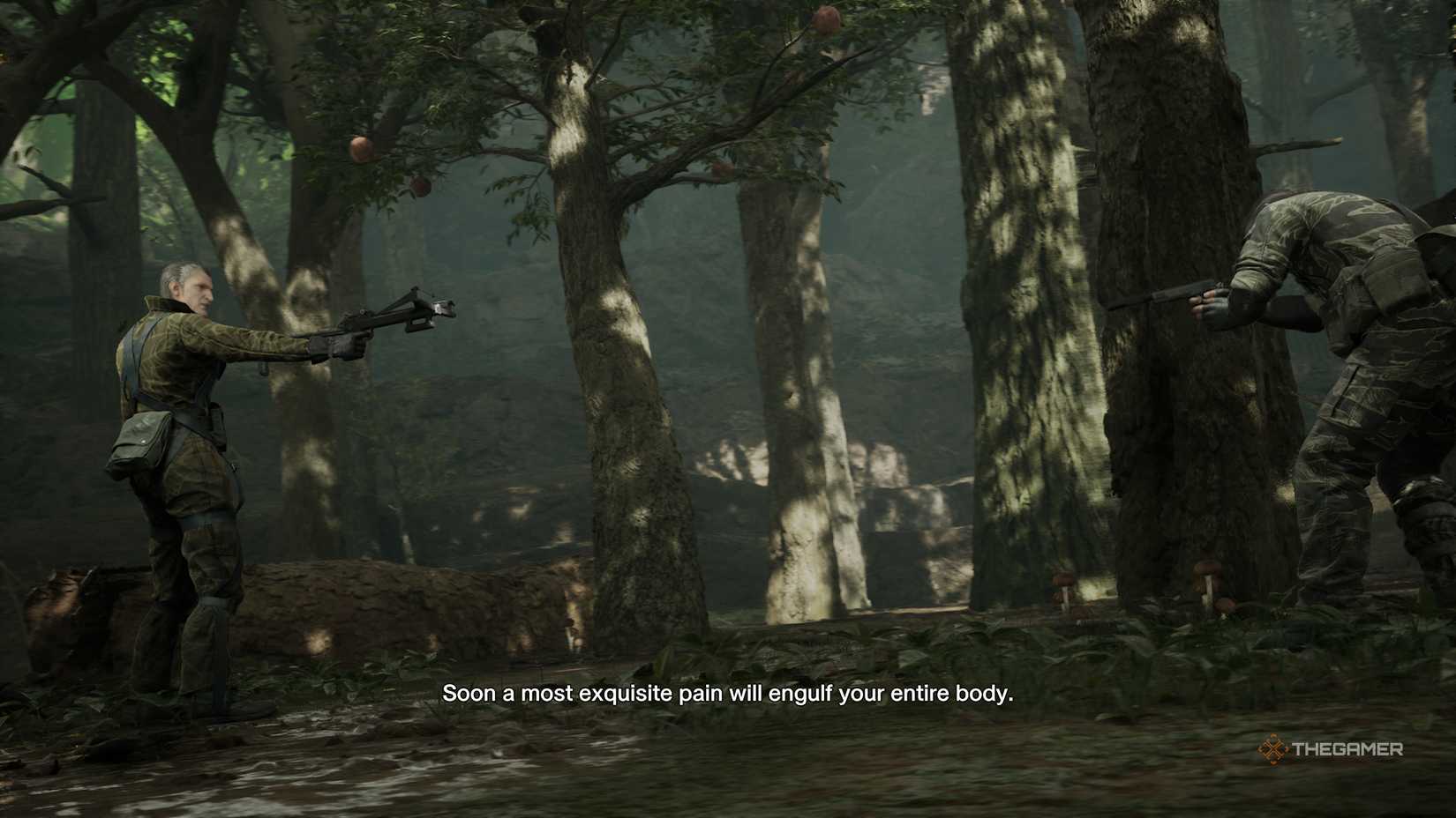 The Fear pointing his crossbow at Snake in Metal Gear Solid Delta Snake Eater.