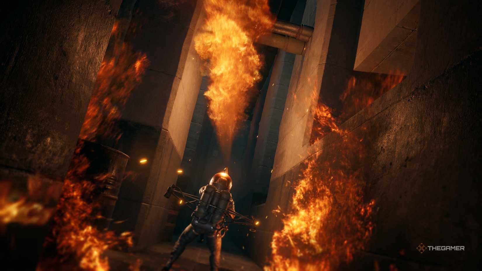 The Fury blowing his flamethrower into the air in Metal Gear Solid Delta Snake Eater.