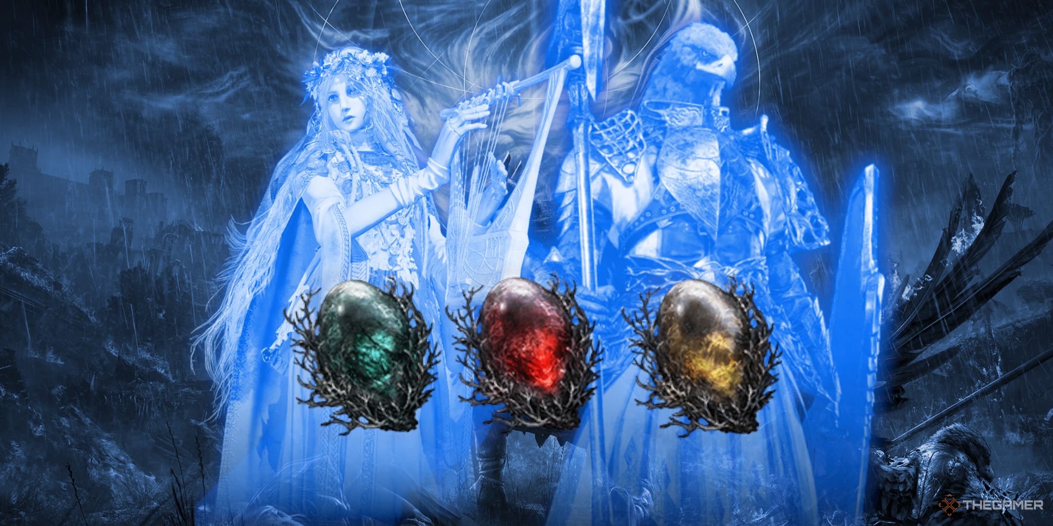 The Guardian and Revenant colorized blue with three relics in front of them.