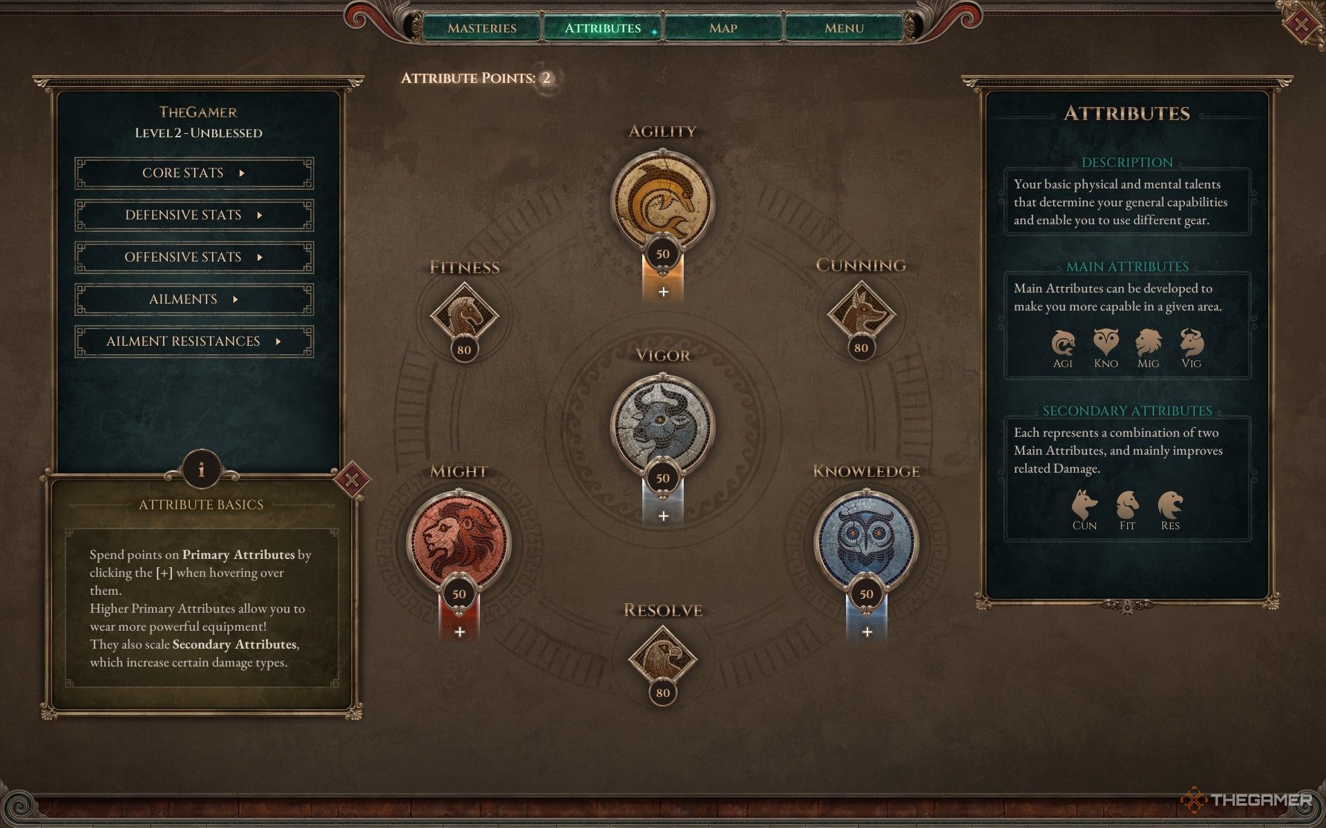 The main Attributes menu in Titan Quest 2.