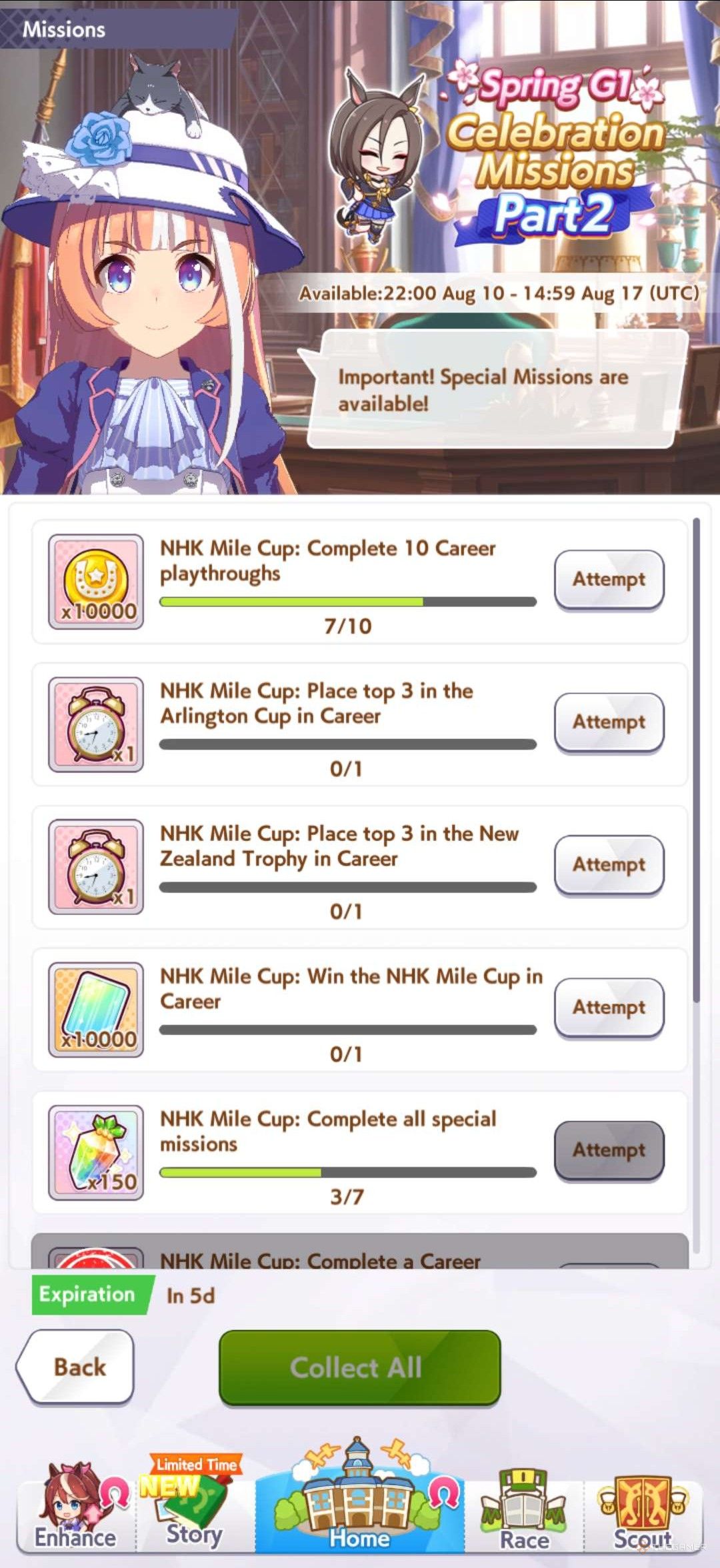 The NHK Mile Cup Missions are shown in Umamusume Pretty Derby.
