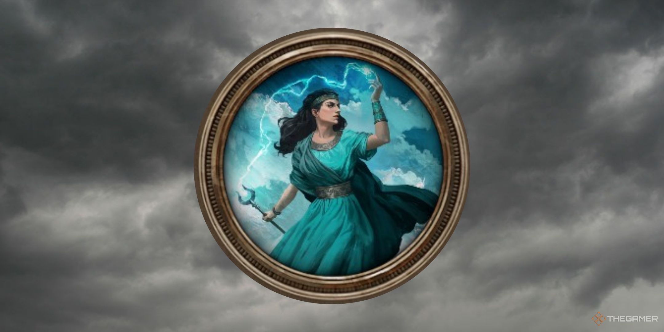 The Storm symbol in front of stormclouds in Titan Quest 2.