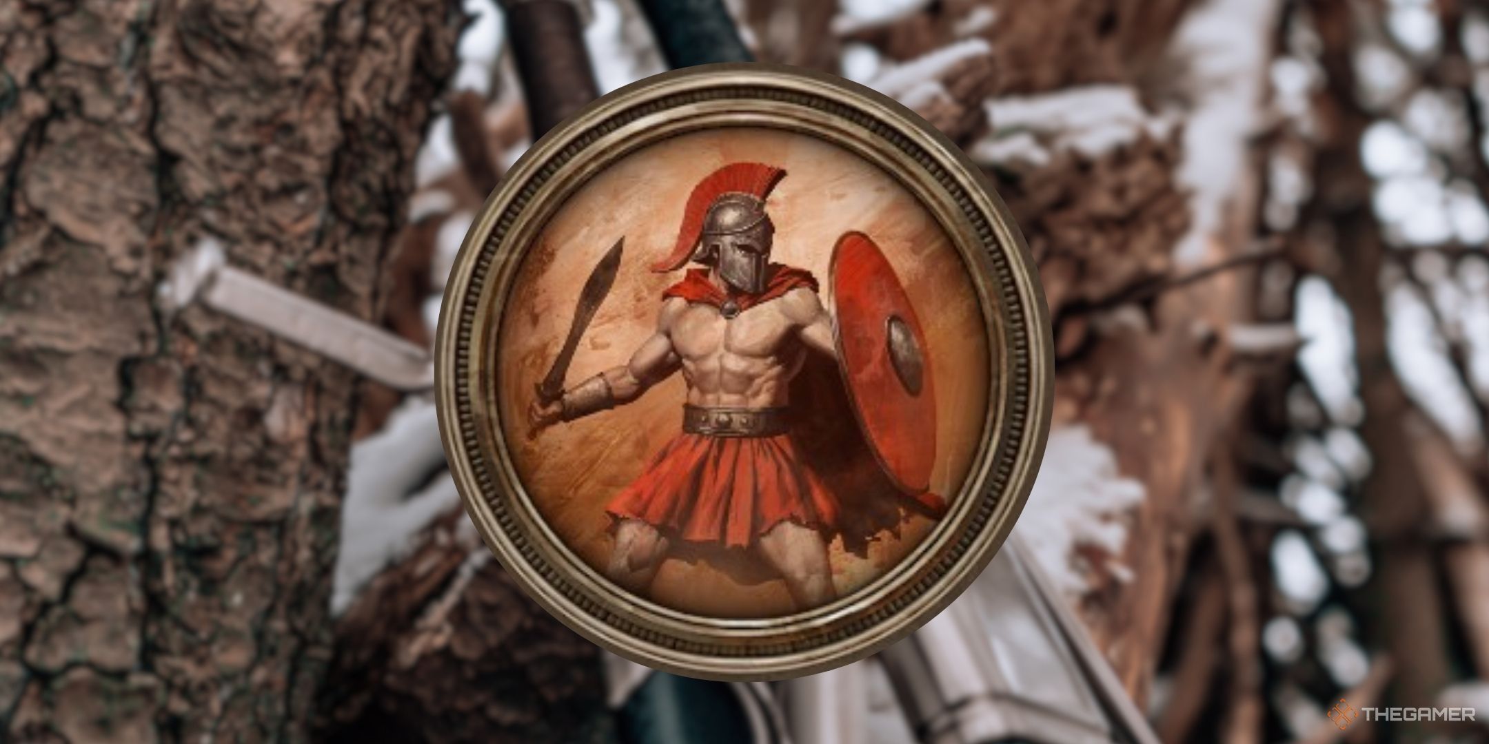 The Warefare symbol in front of a few swords in Titan Quest 2.