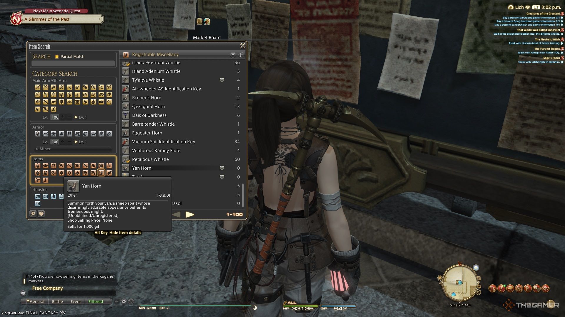 The Yan Horn listed on the Market Board in Final Fantasy 14.