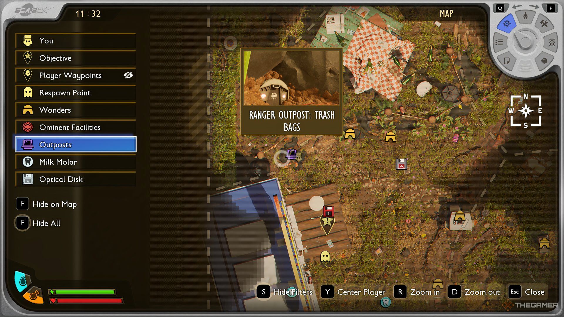 The map of Grounded 2 opened with the location of the Trash Bag Outpost selected.