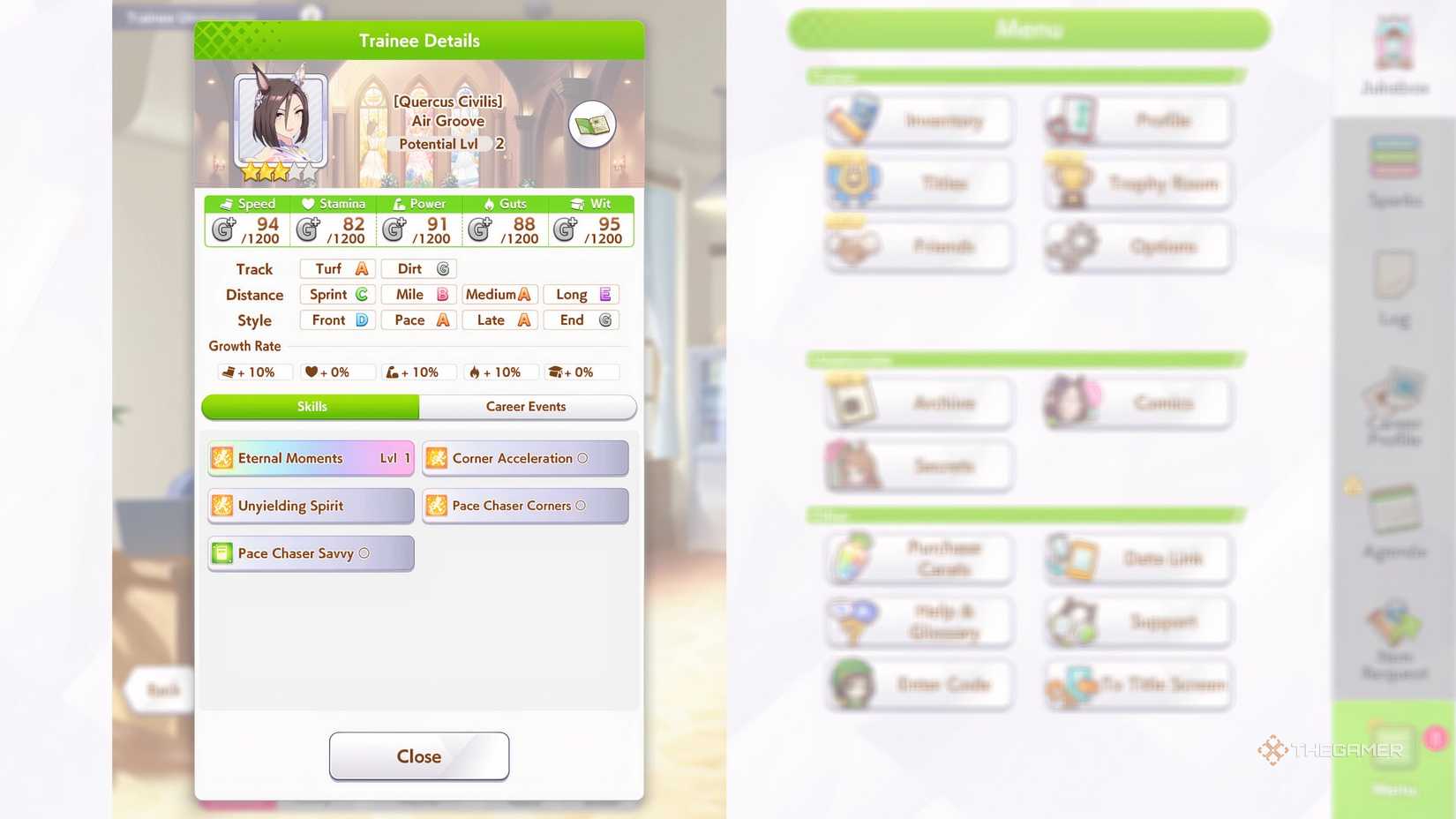 Umamusume Air groove in a wedding dress with her stats listed to the left.