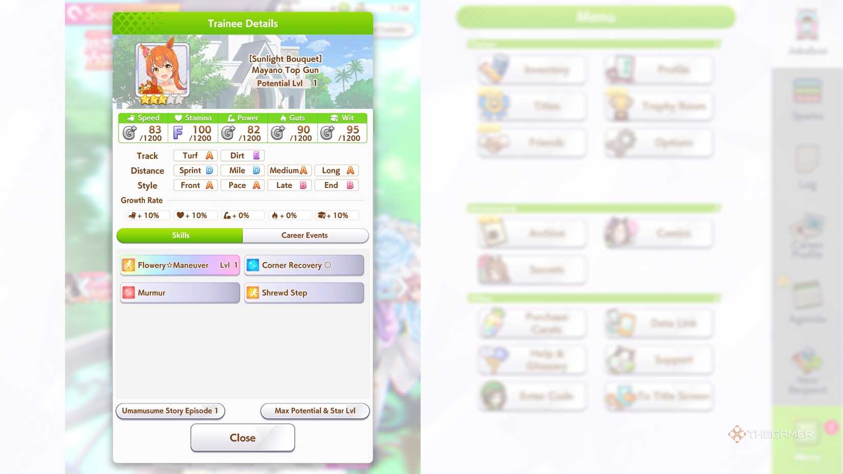 Umamusume Mayano Top Gun's Sunlight Bouquet stats on the screen.