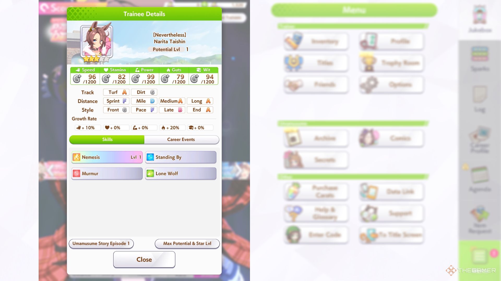 Umamusume Pretty Derby Narita Taishin's base stats on screen.