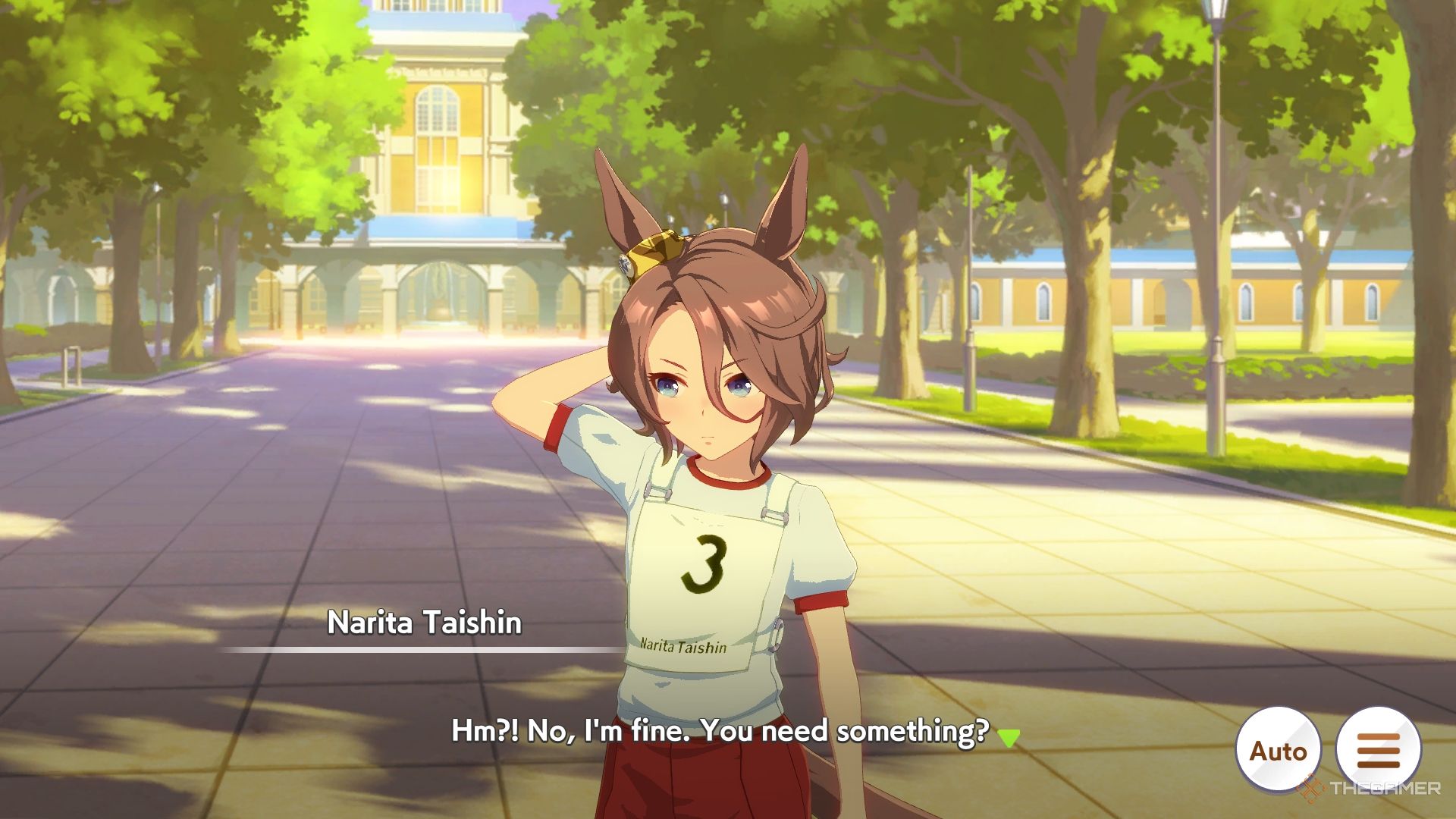 Umamusume Pretty Derby Narita Taishin scratching her head on campus after a tough race.
