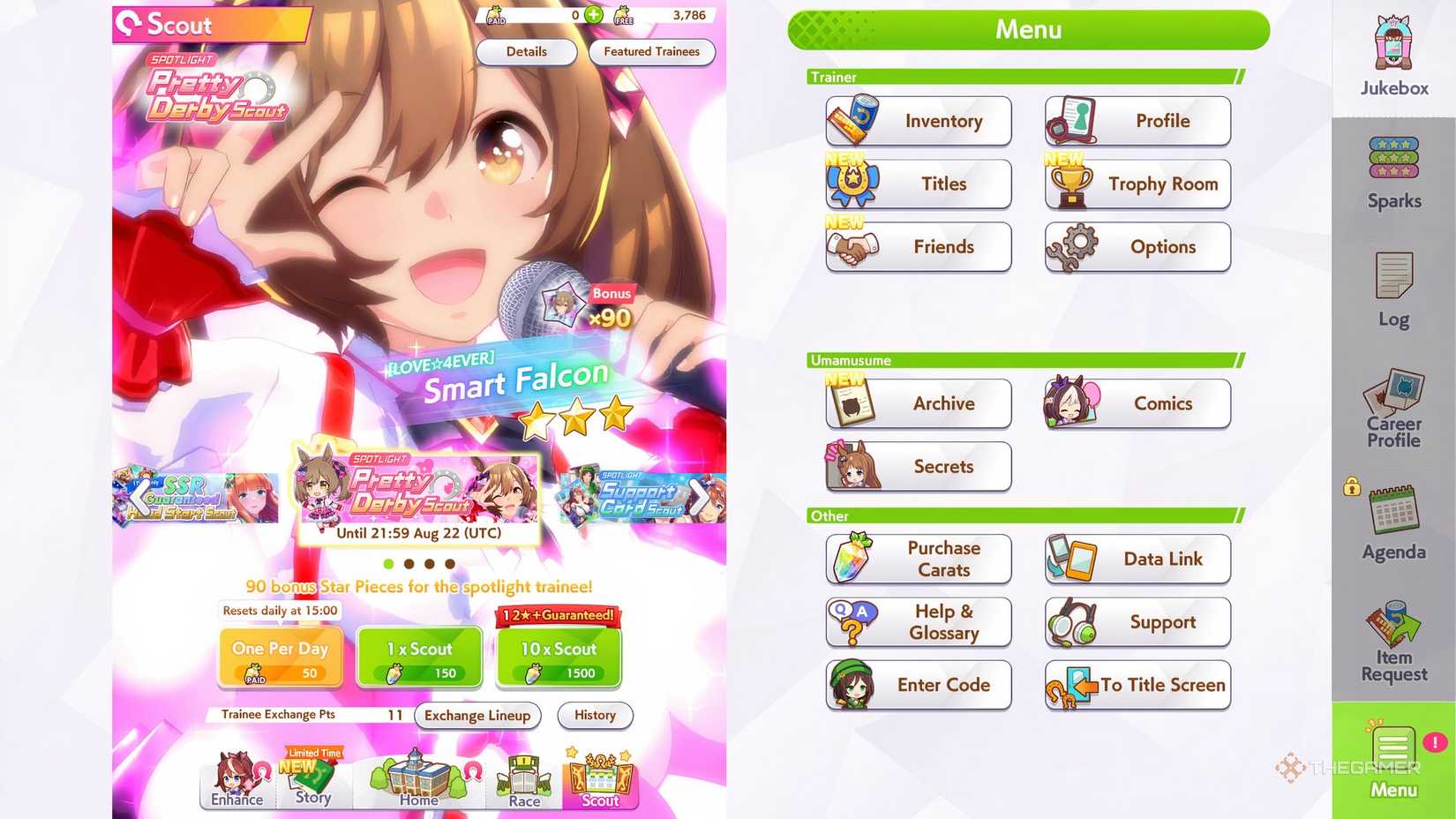 Umamusume Pretty Derby Spotlight menu featuring Smart Falcon singing.