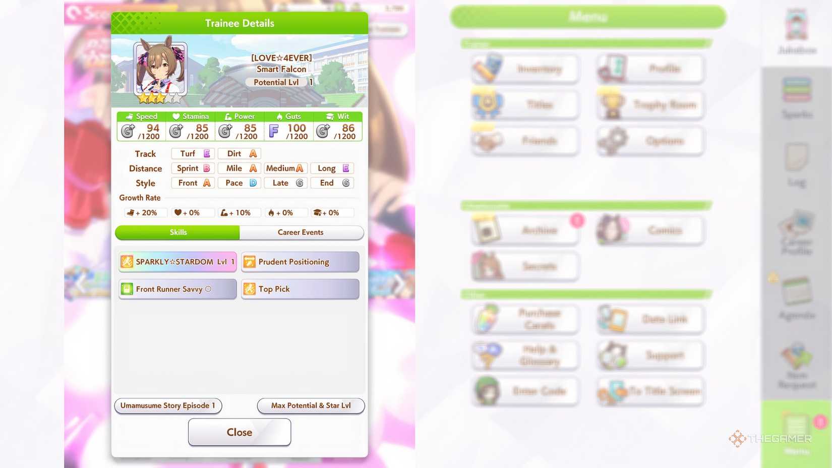 Umamusume Smart Falcon stat block.