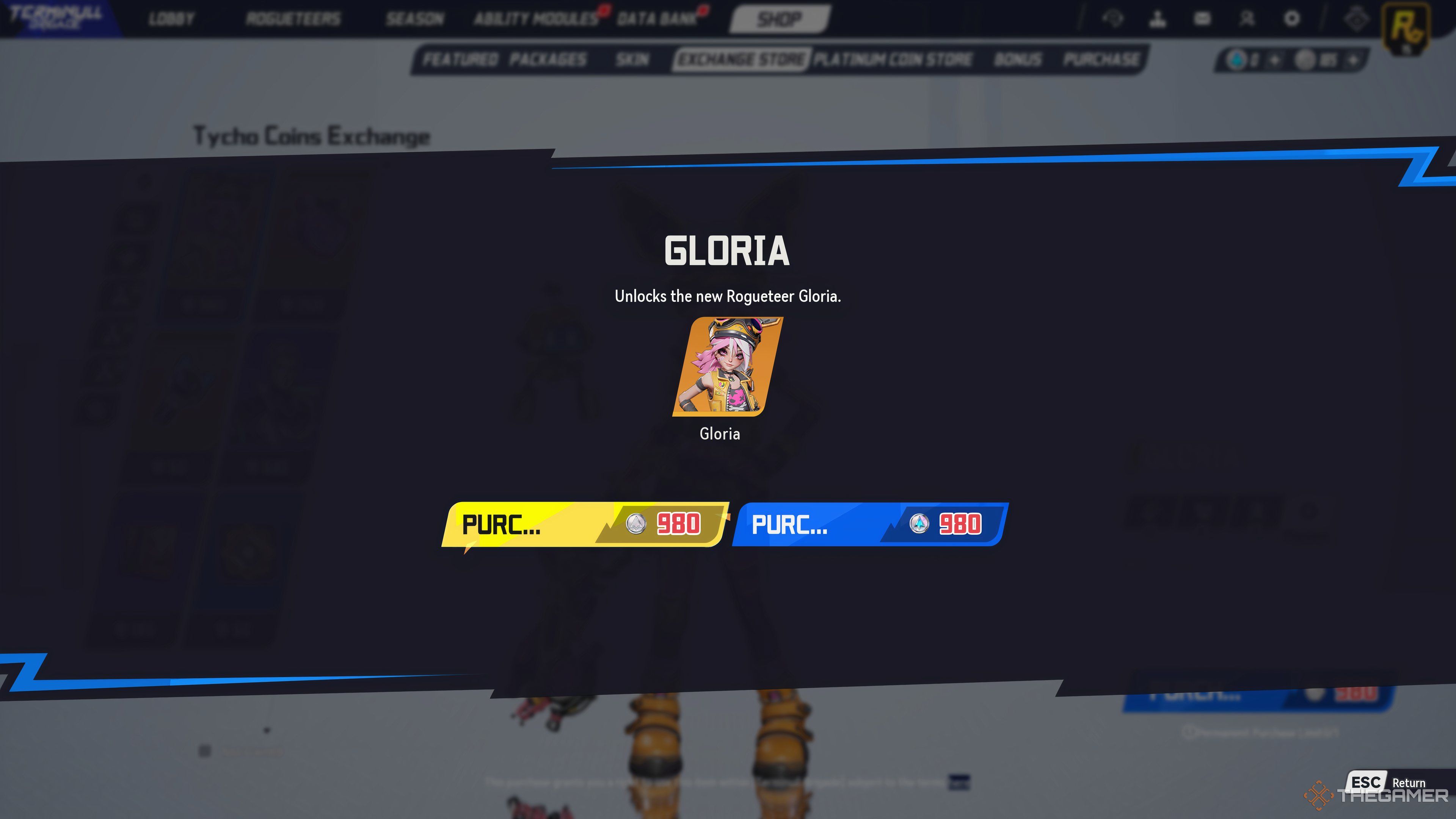 Unlock screen for the Rogueteer Gloria, using Tycho or Premium Coins.