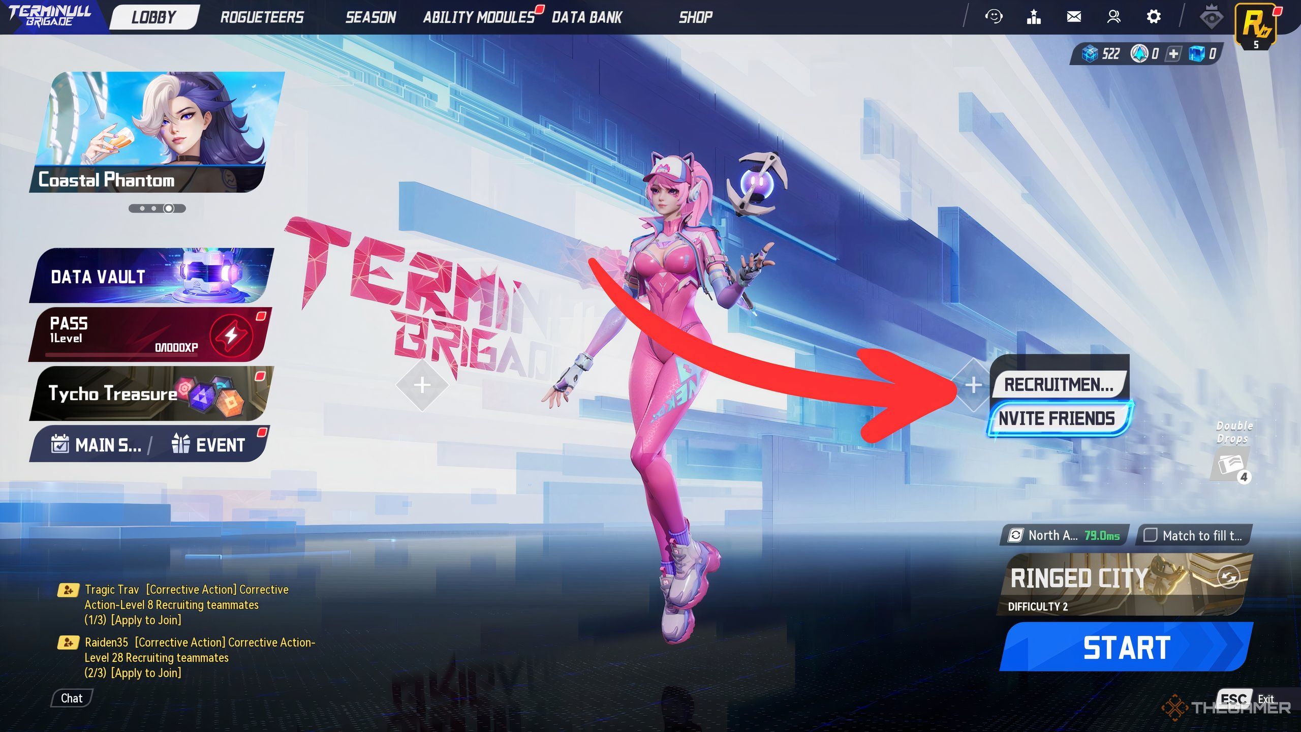 A red arrow indicating where to select for the Recruitment Lobby in Terminul Brigade.