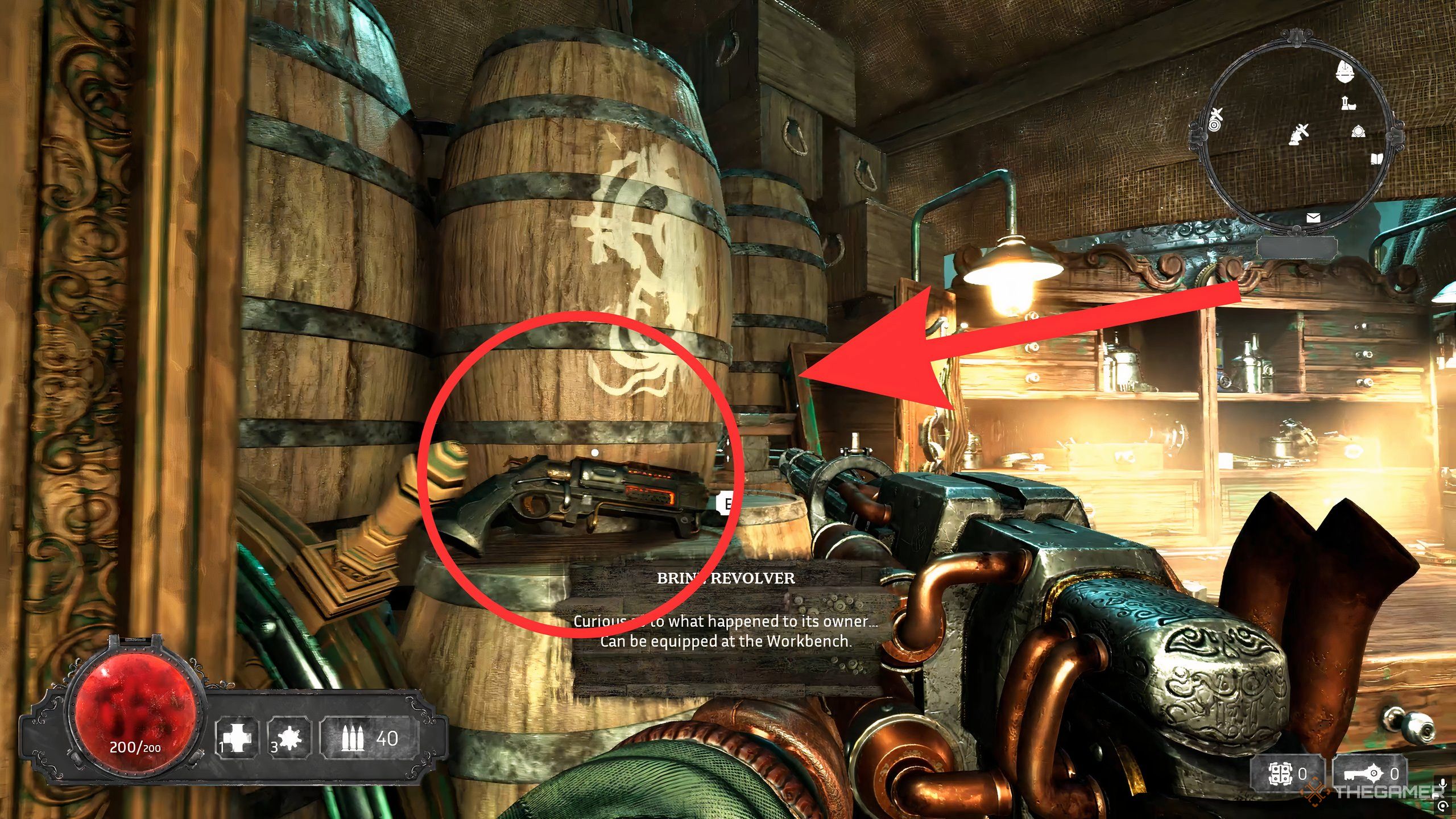 A red arrow and circle indicating the location of the Brine Revolver on a barrell in Abyssus.