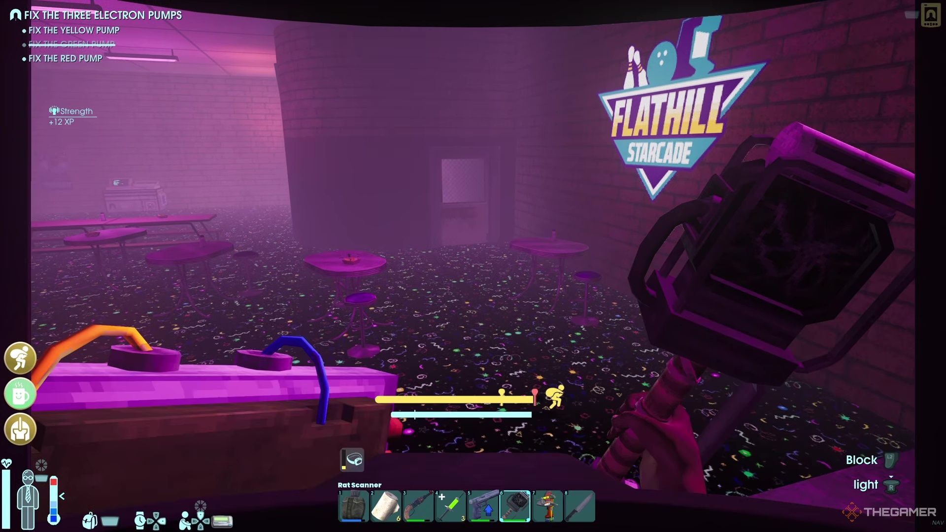 Player character walking through a retro arcade with a multicolored floor and tables in Flathill in Abiotic Factor.