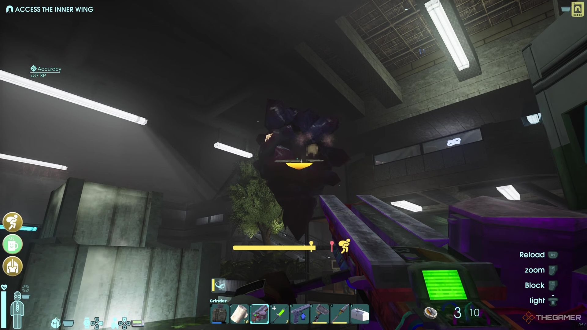 Player character firing Grinder Discs using a Grinder to kill the Giant Power Leech in Abiotic Factor.